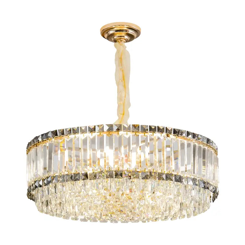 A decorbites french crystal two tier chandelier with gold metal accents and a central marble pendant for living room