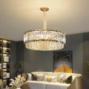 A decorbites french crystal two tier chandelier with gold ceiling fixture and clear faceted glass rods for living room