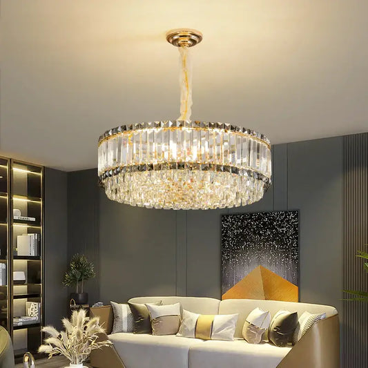 A decorbites french crystal two tier chandelier with gold ceiling fixture and clear faceted glass rods for living room