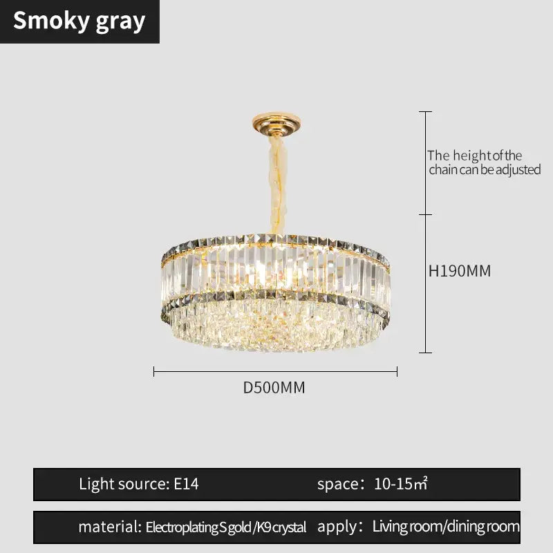 A decorbites french crystal two-tier chandelier with smoky gray electroplated gold finish and k9 crystals for living room