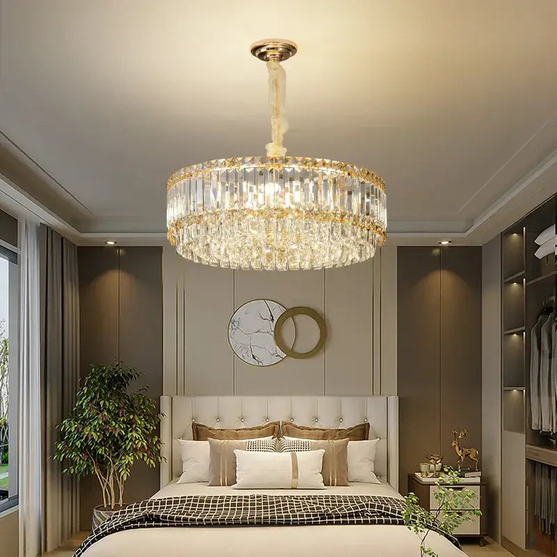 A decorbites french crystal chandelier with two-tier clear faceted crystals and gold accents for living rooms