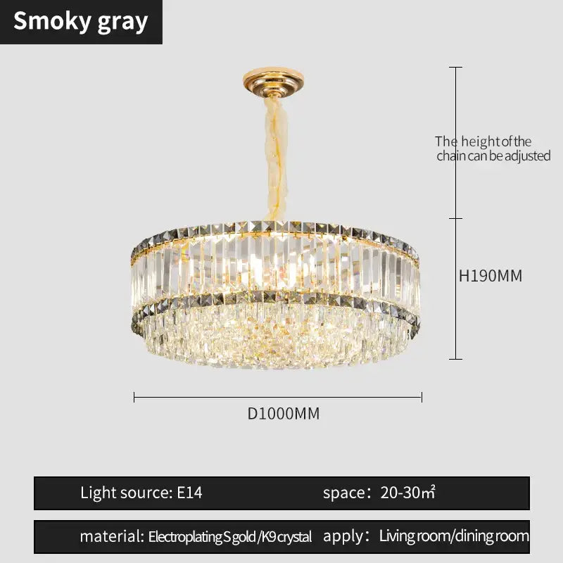 A decorbites french crystal two tier chandelier with smoky gray crystals and gold electroplated frame for elegant rooms