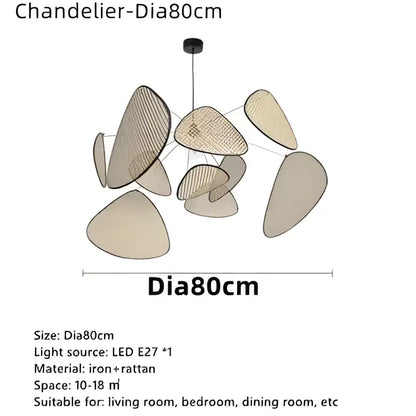 Modern 80cm french design rattan chandelier with organic leaf-shaped iron and rattan shades for home lighting