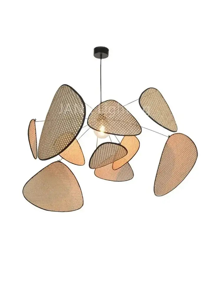 Modern pendant light with irregular woven rattan shades in beige and tan for french design rattan chandelier market