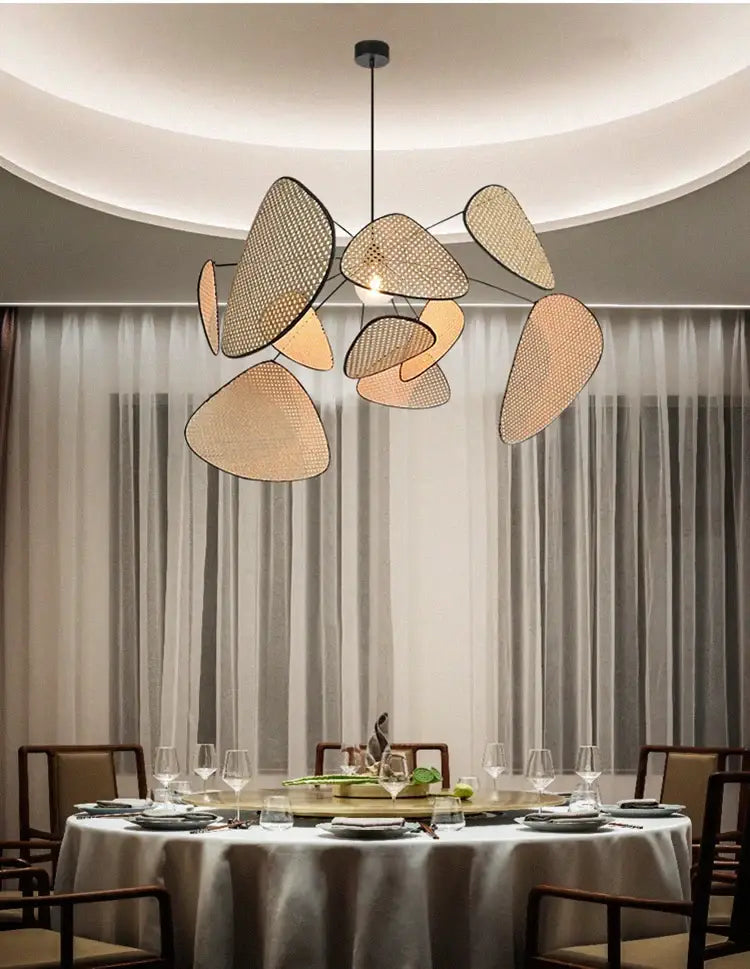 Decorbites™ french design rattan chandelier with woven leaf-shaped shades in warm beige for home lighting