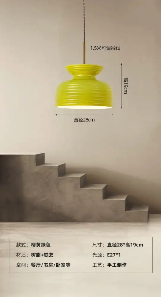 A vibrant lime green ceramic pendant lamp with ribbed vase design and metal chain for decorbites french minimalist chandelier