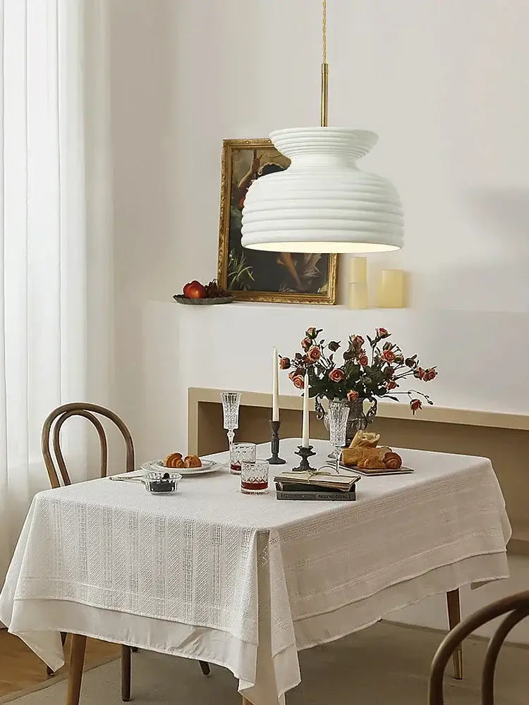 White ribbed pendant light with gold-toned chain from decorbites french minimalist chandelier for dining room