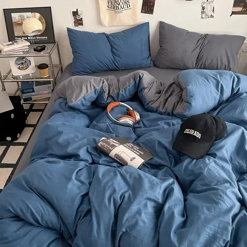 DecorBites™ fresh solid color quilt set featuring blue and gray plush cotton comforter with quilted texture