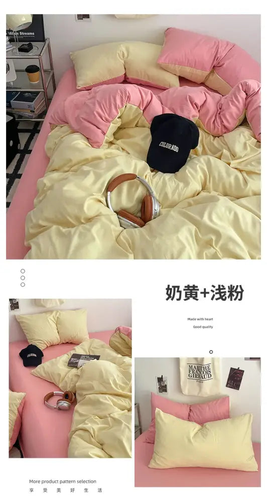 Cream and light pink two-tone solid color quilt set made of soft plush cotton fabric by decorbites fresh solid color design