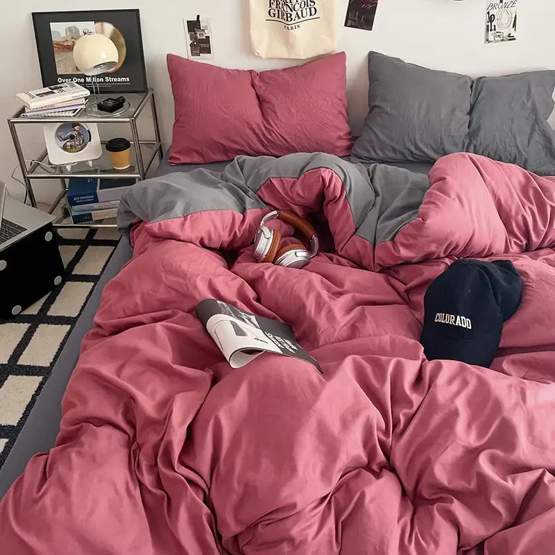 Decorbites fresh solid color quilt set in pink and gray cotton with a soft quilted texture for bedroom use