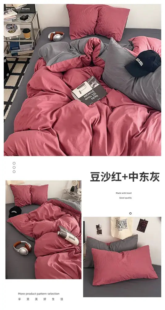 DecorBites fresh solid color quilt set in pink and gray cotton with a soft plush texture 4-piece duvet set