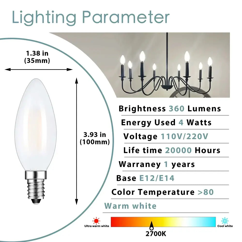Decorbites frosted led candle light bulb with warm white frosted glass body and metallic screw base for dining room use