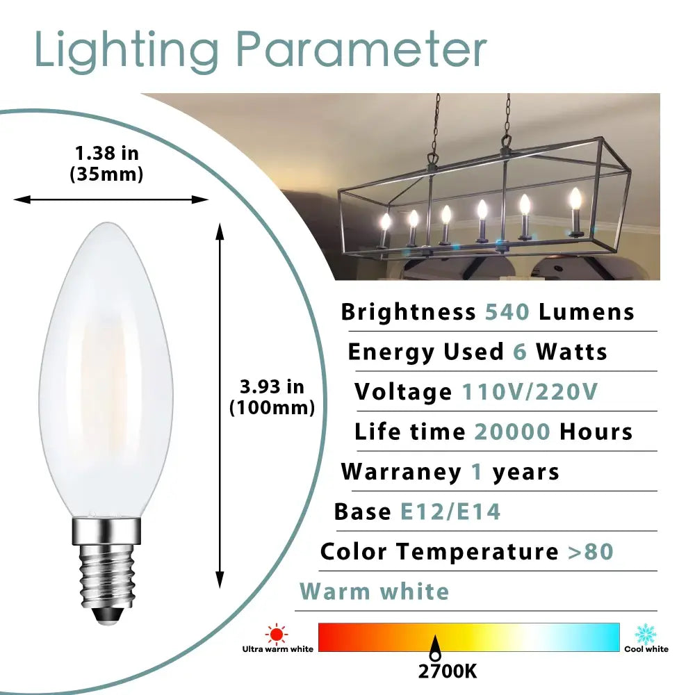 Warm white decorbites frosted led candle light bulb with frosted glass body and metal screw base for dining room lighting