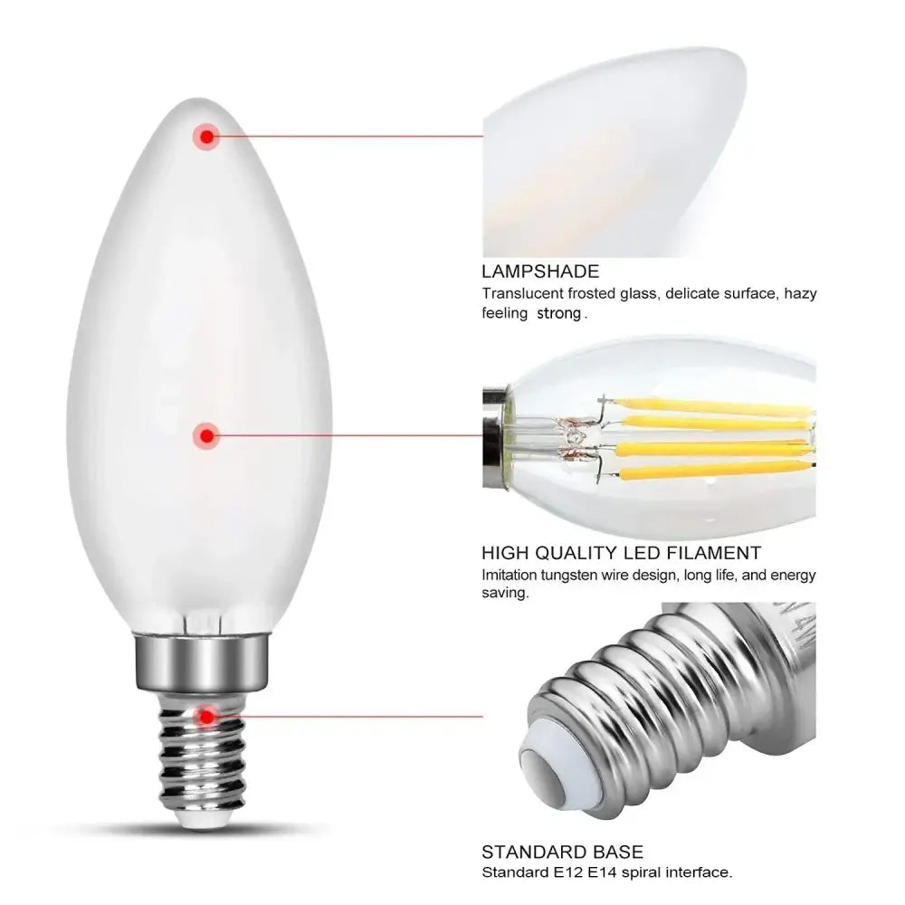 Decorbites frosted led candle light bulb with metallic screw base and imitation tungsten filament warm white pack of 10