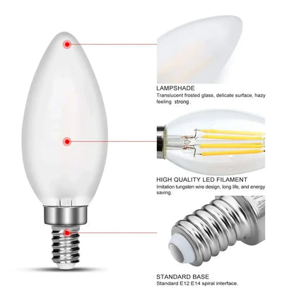Decorbites frosted led candle light bulb with metallic screw base and imitation tungsten filament warm white pack of 10