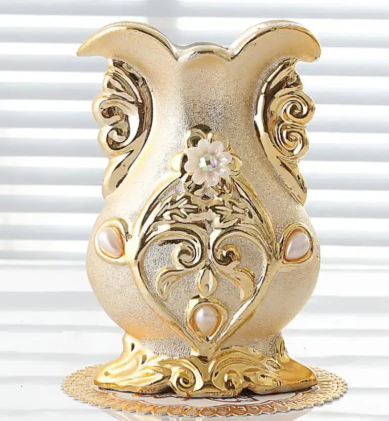 DecorBites™ frosted porcelain flower vase in gold with ornate scrollwork and floral motif for elegant home decor