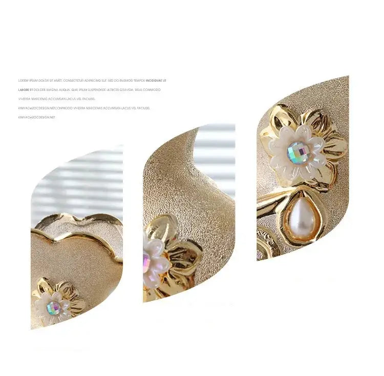 Gold-colored textured handbag strap with floral embellishments and pearl accent for decorbites frosted porcelain flower vase home decor