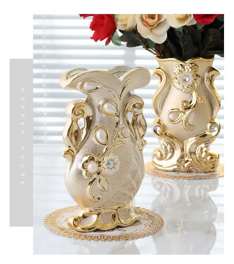 Gold and cream ornate frosted porcelain flower vase with pearl embellishments and floral designs for home decor