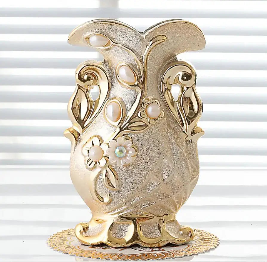 Gold-toned frosted porcelain flower vase with ornate floral embellishments and pearl accents for home decor