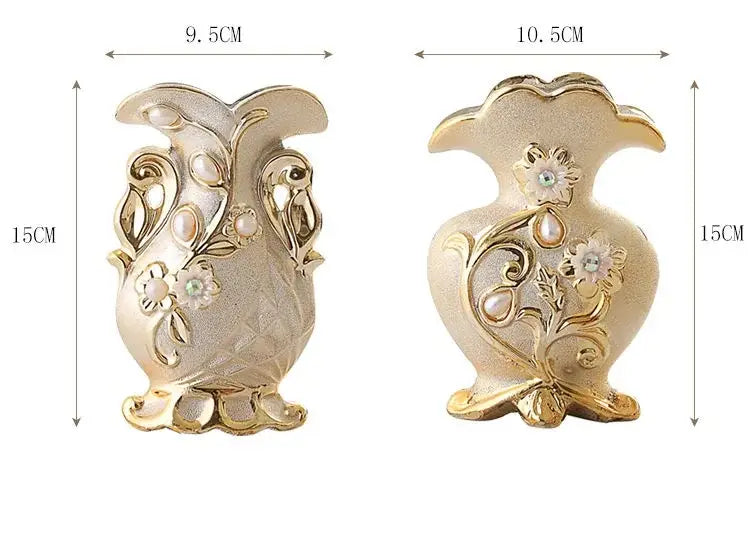 Gold-toned DecorBites™ frosted porcelain flower vase with intricate floral designs and pearl accents for home decor