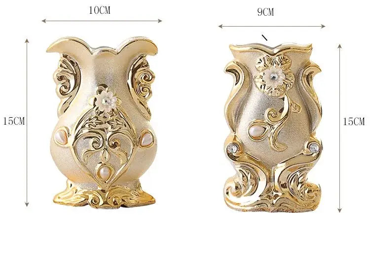 Gold-toned ornate frosted porcelain flower vase with intricate floral designs and embedded pearls for home decor