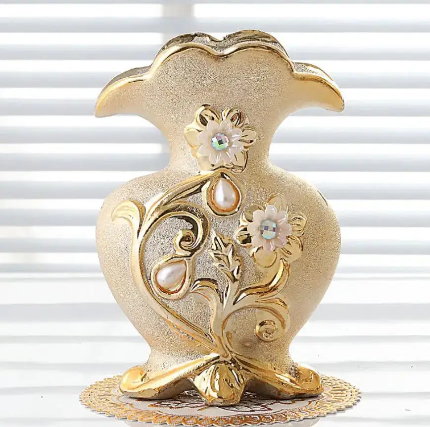 Golden frosted porcelain flower vase with ornate floral and pearl embellishments for elegant home decor display