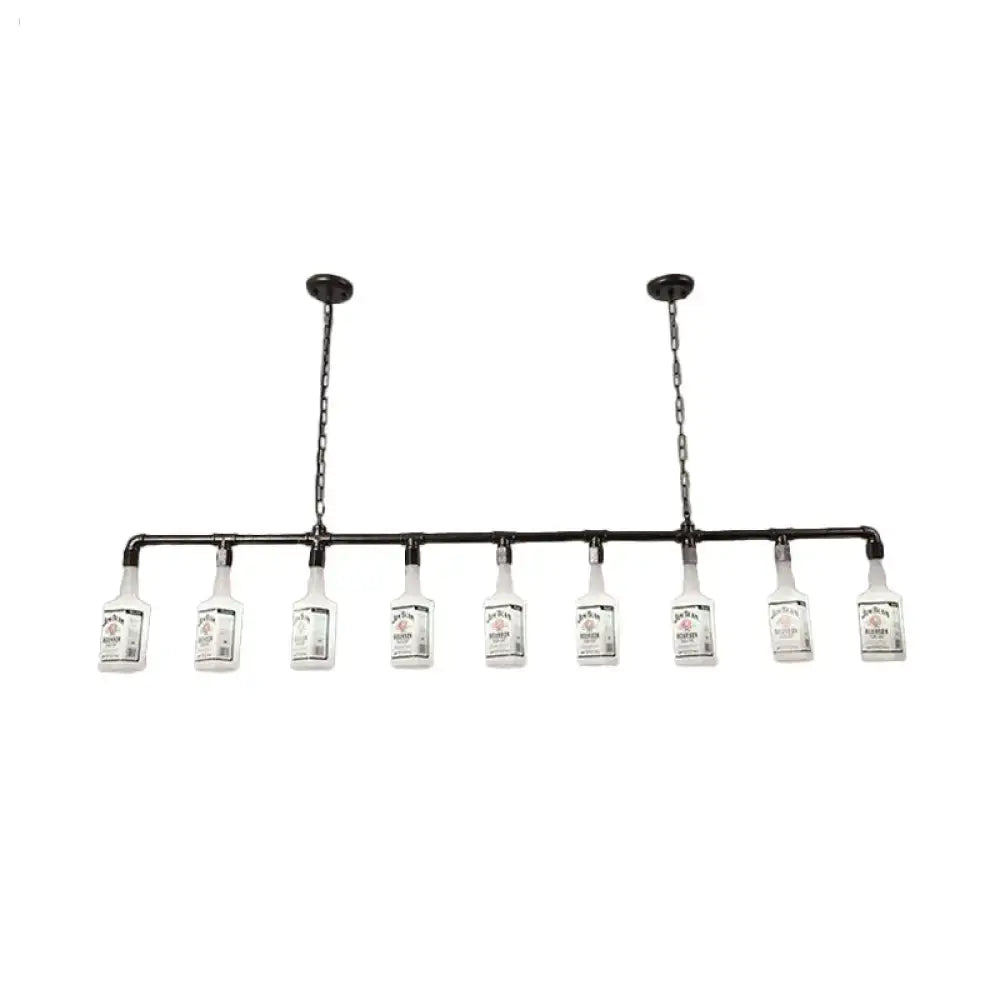 Industrial-style black metal chandelier with ten frosted white glass black wine bottle light fixtures for ceiling suspension