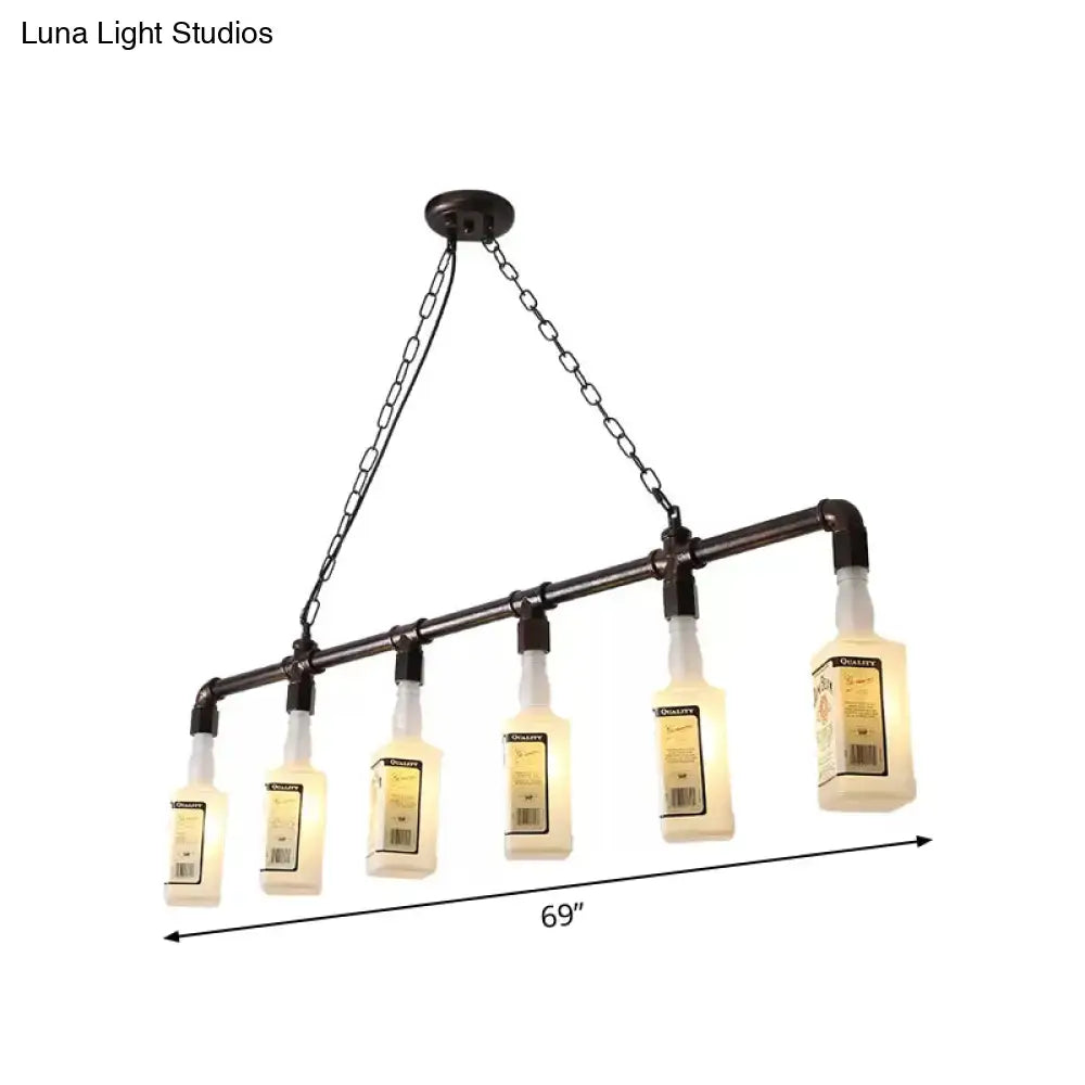 Industrial-style DecorBites™ chandelier with black wine bottles on frosted white glass and black metal pipe frame suspension