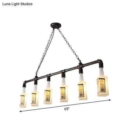 Industrial-style DecorBites™ chandelier with black wine bottles on frosted white glass and black metal pipe frame suspension