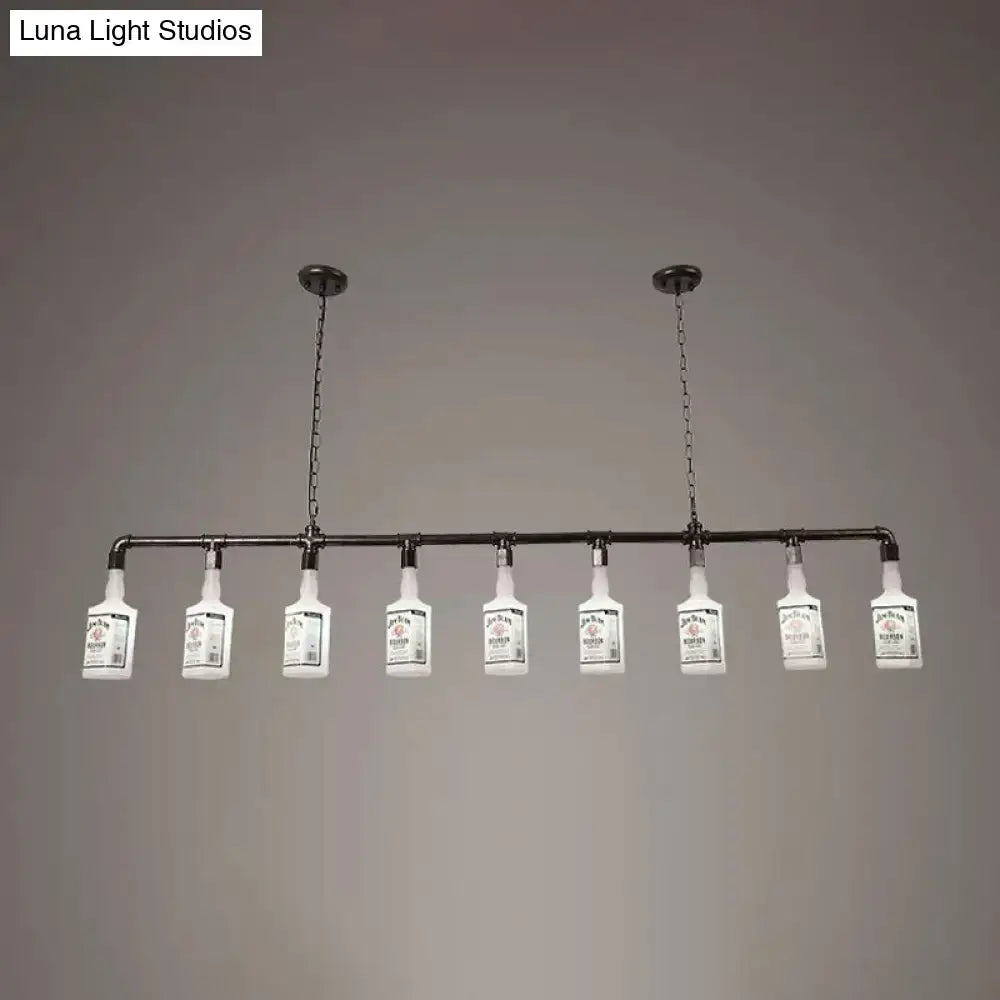 Industrial-style black pipe chandelier with eight frosted white glass jack daniels whiskey bottle lights for loft decor