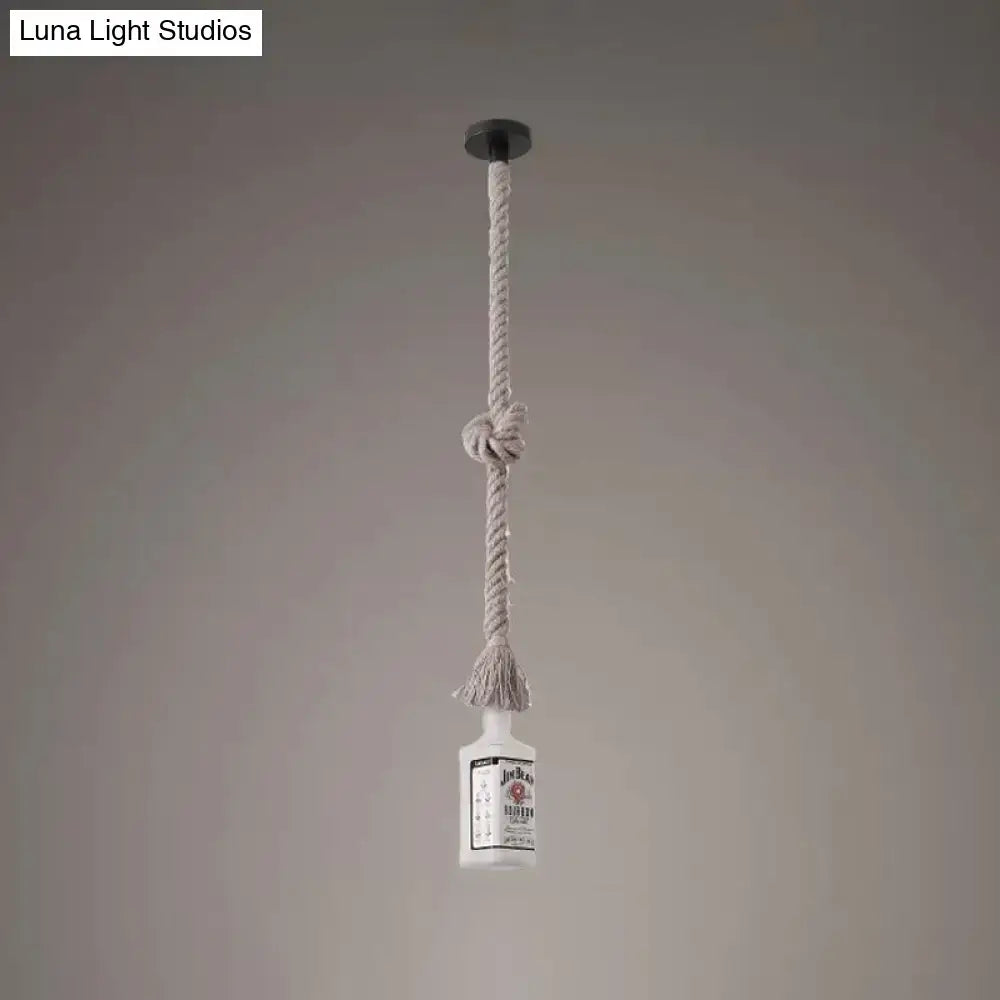 DecorBites frosted white glass island lamp shaped like black wine bottle pendant with beige knotted rope suspension