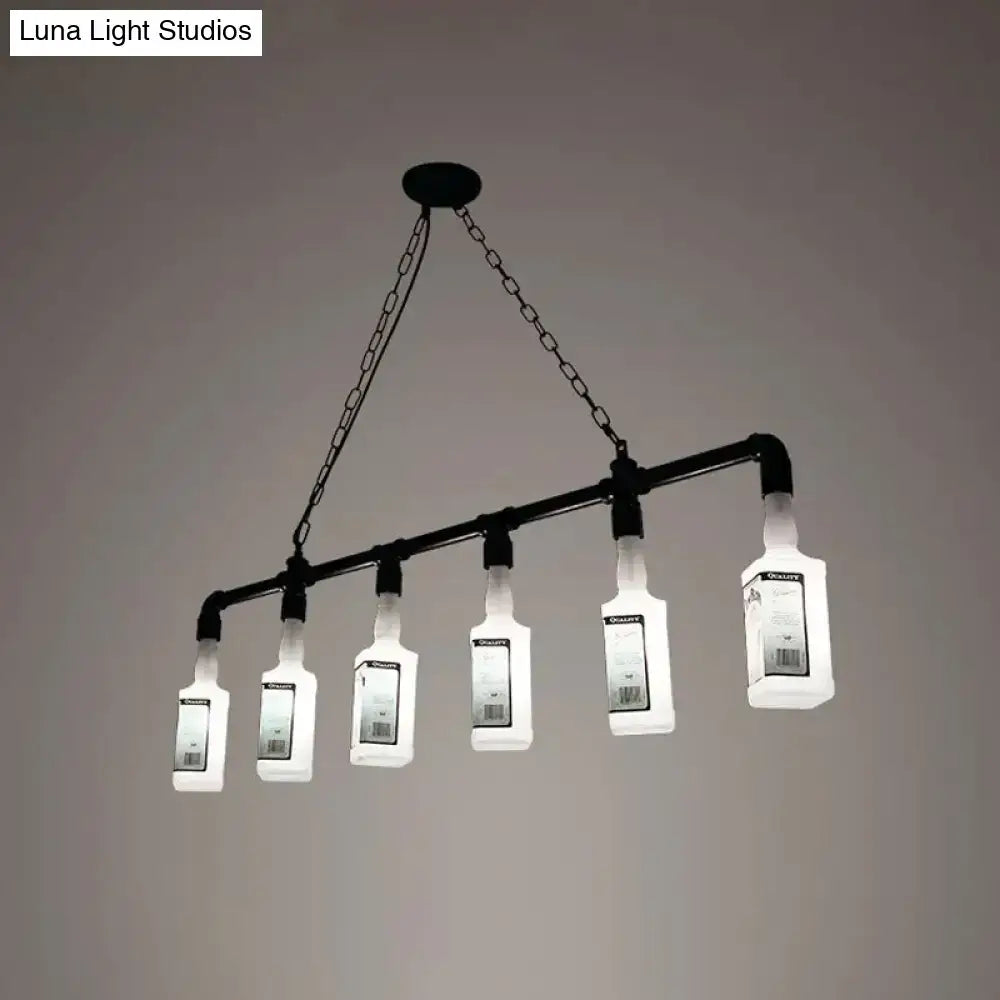 Black industrial chandelier featuring frosted white glass wine bottles suspended from a metal pipe frame for restaurants