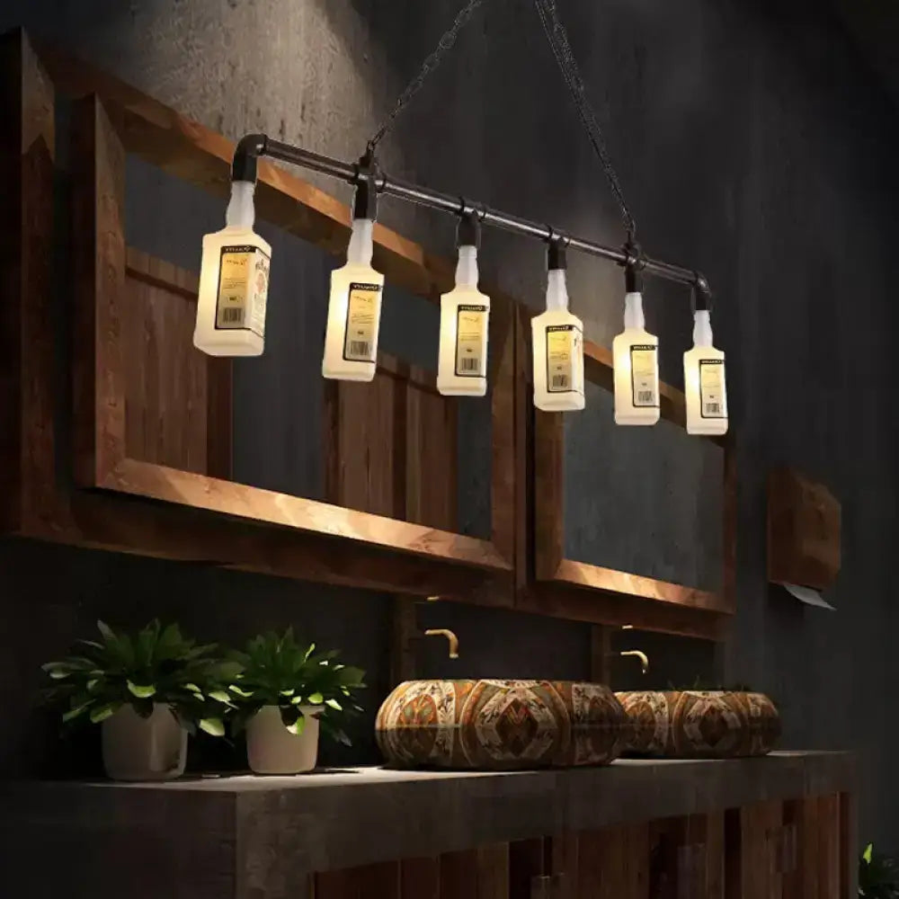 Decorbites frosted white glass island lamp with black wine bottle design featuring five illuminated whiskey bottles suspended from black metal pipe