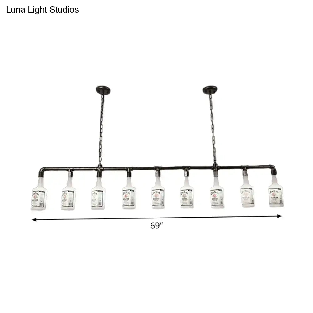 Industrial-style black pipe chandelier with ten clear glass black wine bottle lights featuring frosted white glass labels