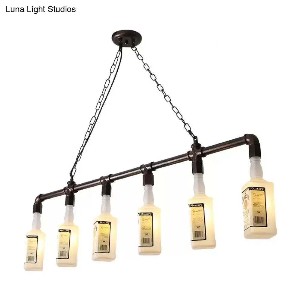 Industrial-style chandelier with five black wine repurposed bottles on frosted white glass island lamp frame