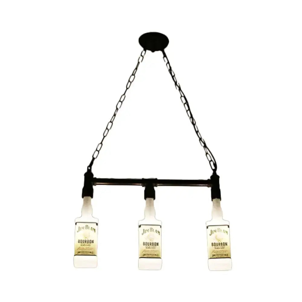 Black metal chandelier with three illuminated jim beam bourbon bottles and frosted white glass for restaurant lighting