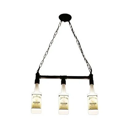 Black metal chandelier with three illuminated jim beam bourbon bottles and frosted white glass for restaurant lighting