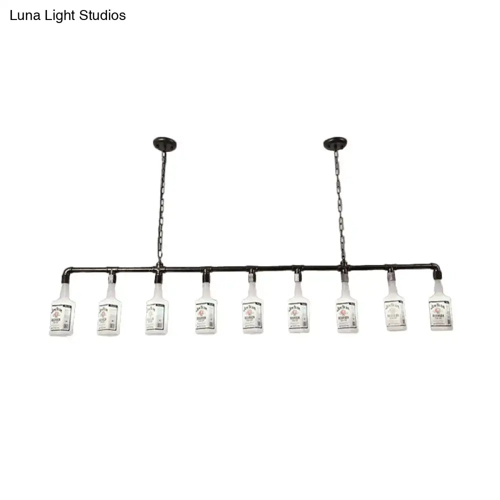 Industrial-style black pipe chandelier with ten clear glass jack daniels bottles and frosted white glass accents for loft lighting