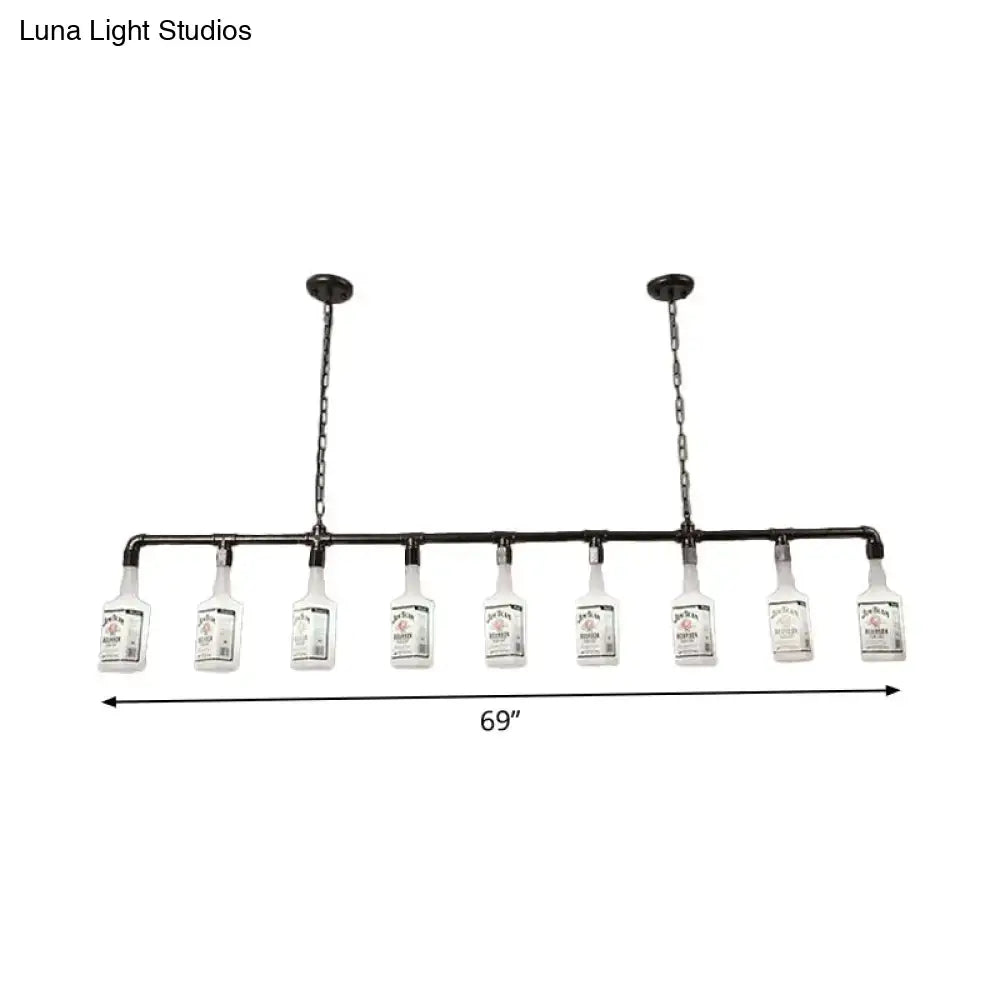 Industrial-style pendant light with black wine bottle frame and frosted white glass fixtures for restaurant ceiling lighting