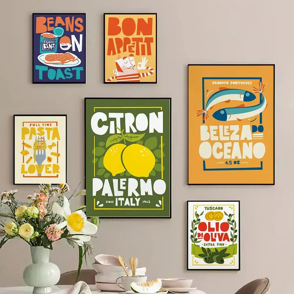 A collection of six colorful canvas paintings featuring fun beans and toast cartoon designs in bold typography
