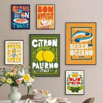 A collection of six colorful canvas paintings featuring fun beans and toast cartoon designs in bold typography
