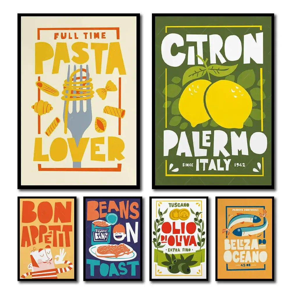 Set of six colorful framed italian-themed canvas paintings featuring fun beans and toast cartoon illustrations by decorbites