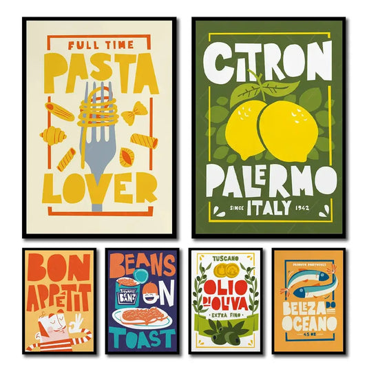 Set of six colorful framed italian-themed canvas paintings featuring fun beans and toast cartoon illustrations by decorbites