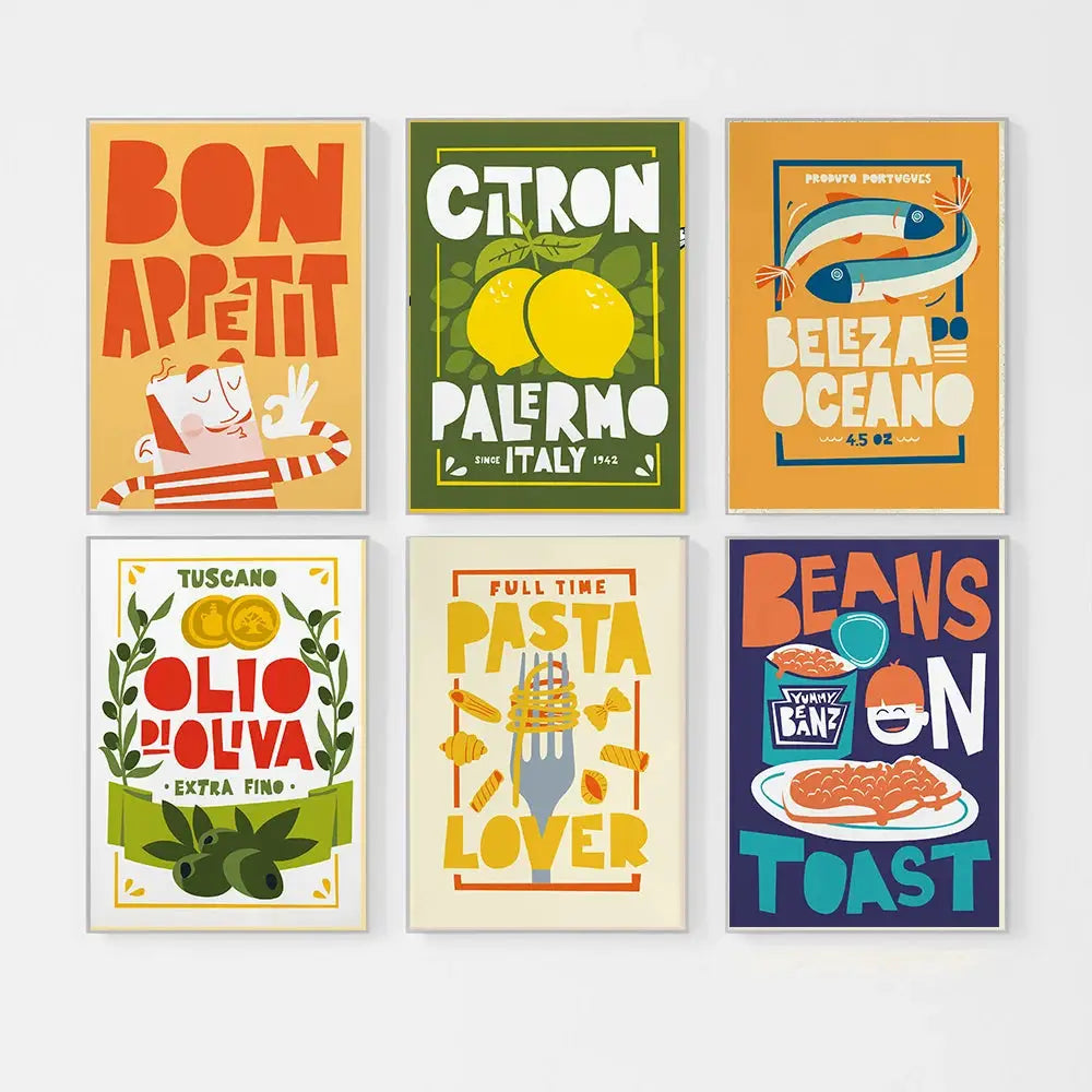 Set of six colorful decorbites fun beans canvas paintings featuring italian food with bold toast cartoon typography
