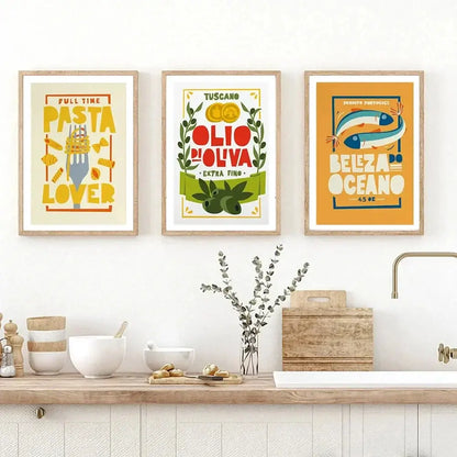 Three colorful framed canvas paintings featuring pasta olive oil and fish decorbites fun beans kitchen art with toast cartoon style