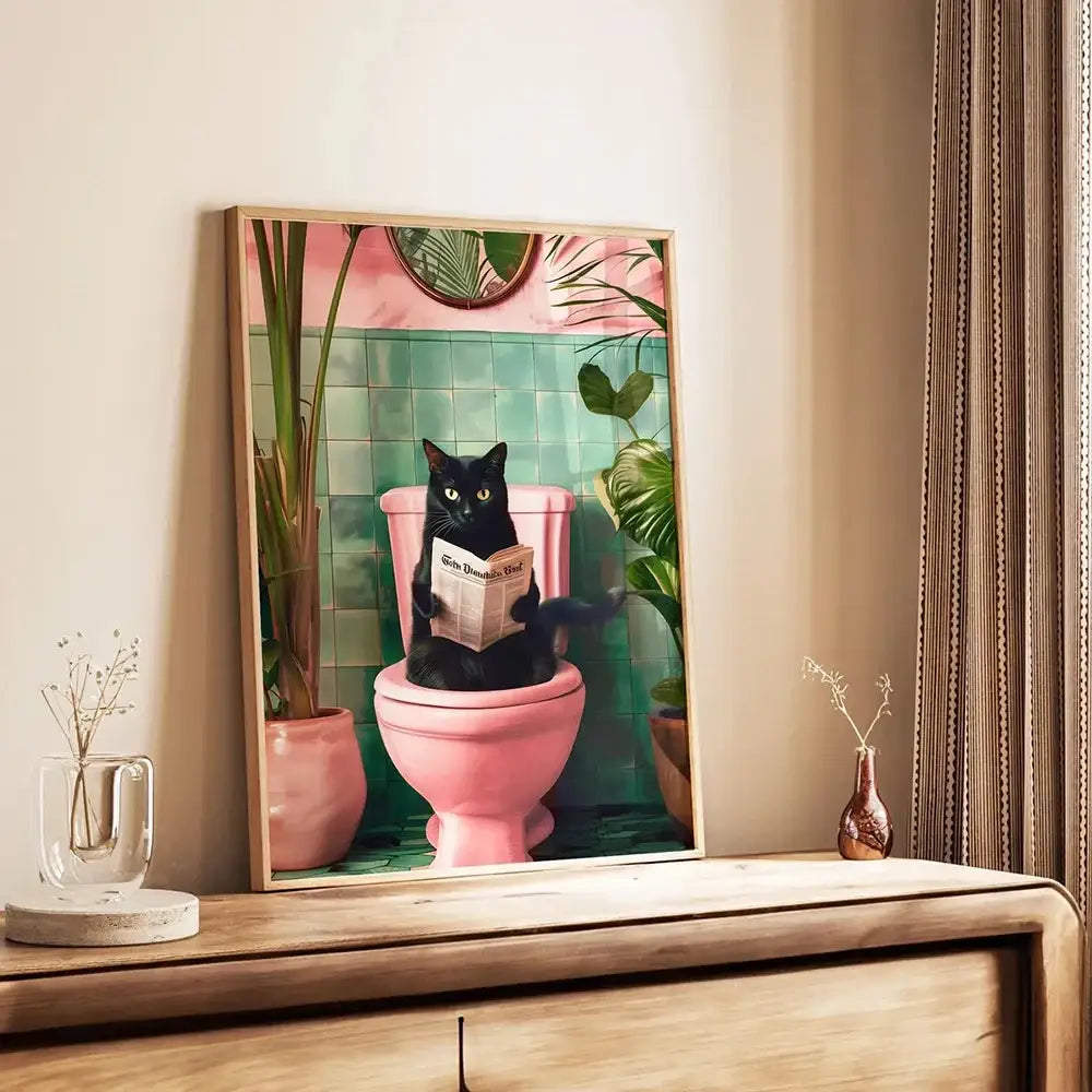 Decorbites fun cat reading on toilet canvas wall art featuring a black cat on pink toilet against green tiles and plants