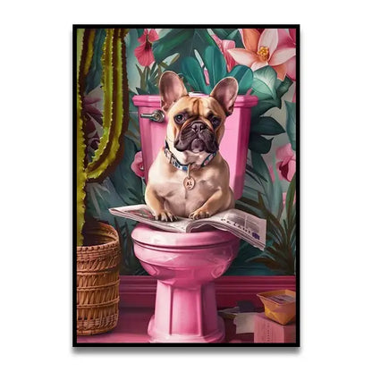 A charming french bulldog on a pink toilet featured in decorbites™ fun cat reading canvas wall art