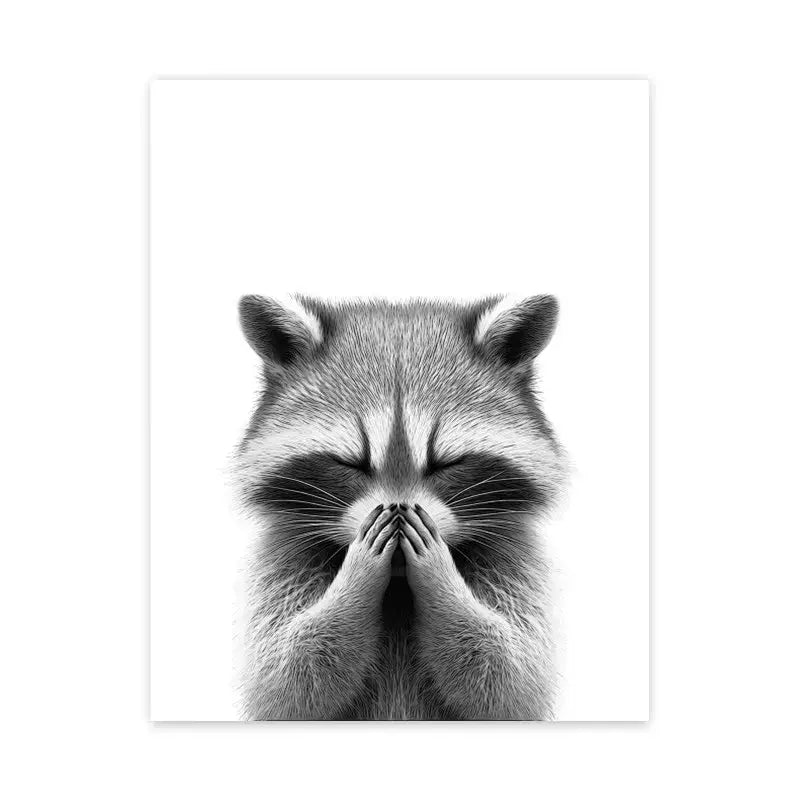Black and white animal bathroom canvas wall art featuring a raccoon with paws covering its face by DecorBites