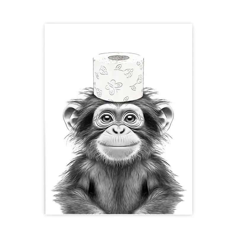 Decorbites™ funny animal bathroom canvas wall art featuring black and white baby chimpanzee balancing floral toilet paper