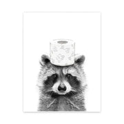 Black-and-white illustrated raccoon wearing toilet paper on head in decorbites™ funny animal bathroom canvas wall art